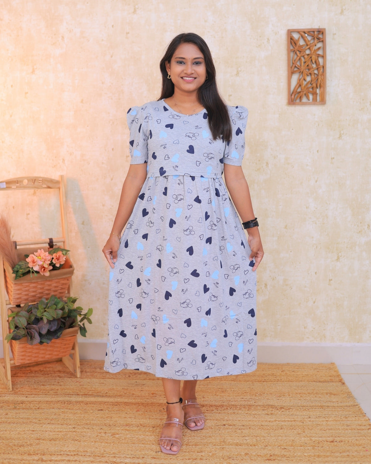 Mickey Love | Zipless Maternity Dress - Puff Sleeves | Calf Length