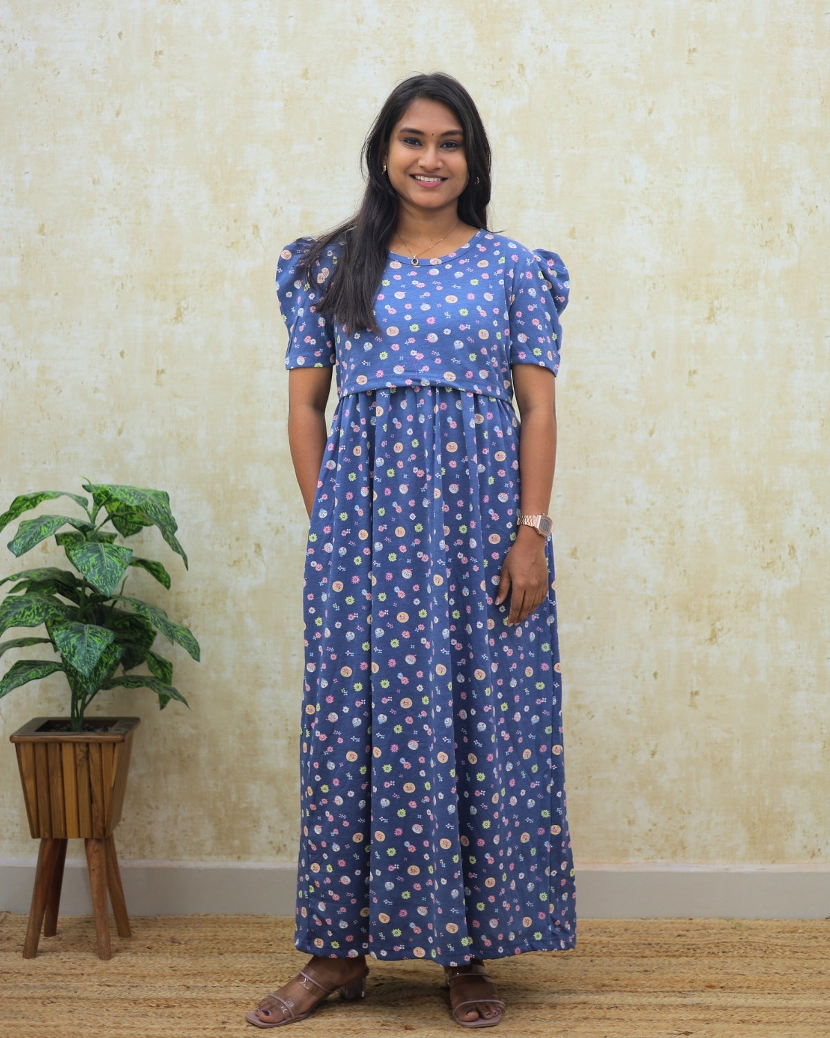 Mrinali | Zipless Maternity Dress - Puff Sleeves | Full Length Maxi