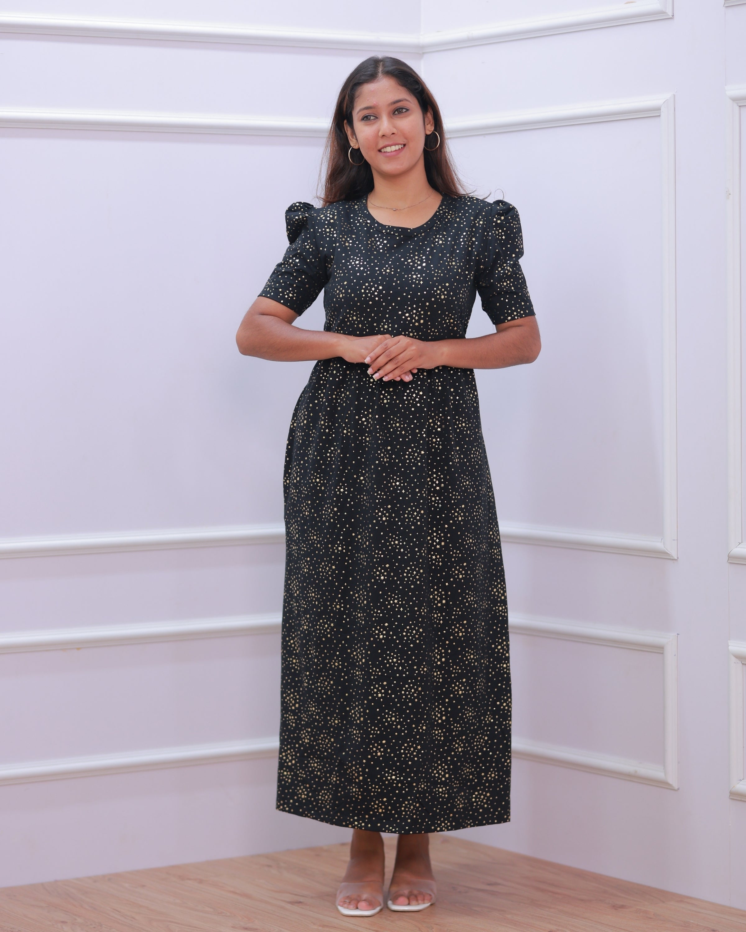 Glit Star | Zipless Maternity Dress - Puff Sleeves | Full Length