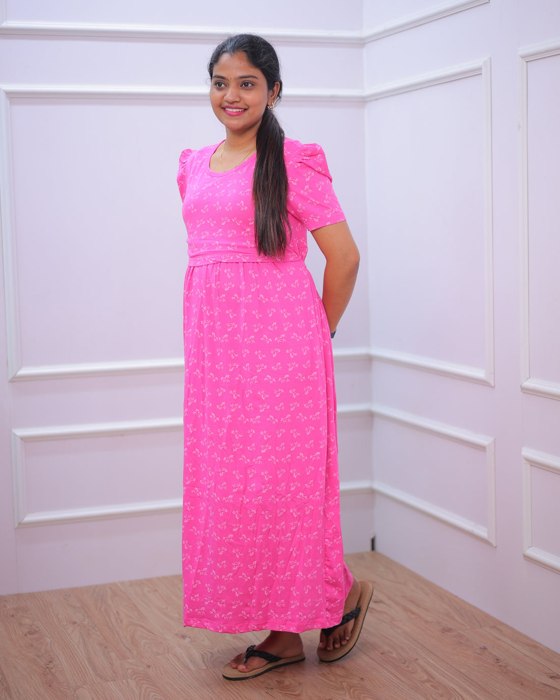 Mira | Zipless Maternity Dress - Puff Sleeves | Full Length