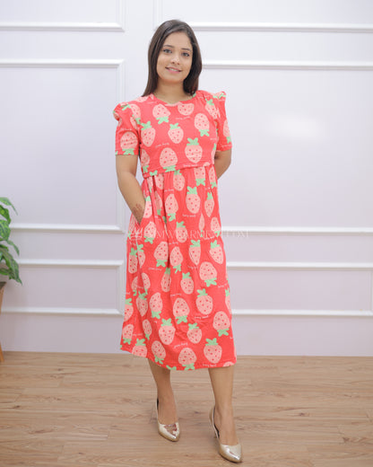 Berry Sweet | Zipless Maternity Dress - Puff Sleeves | Calf Length