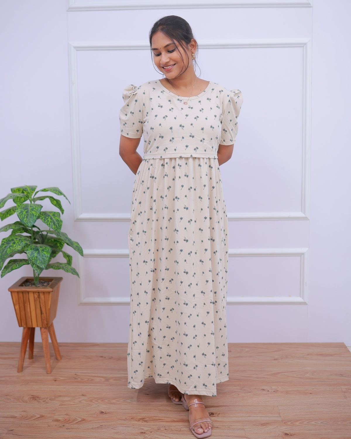 Akshara | Zipless Maternity Dress - Puff Sleeves | Full Length Maxi