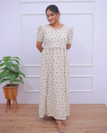 Akshara | Zipless Maternity Dress - Puff Sleeves | Full Length Maxi