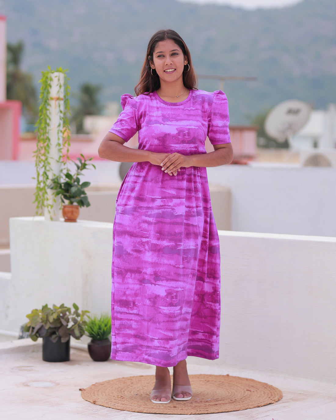 Ada | Zipless Maternity Dress - Puff Sleeves | Full Length