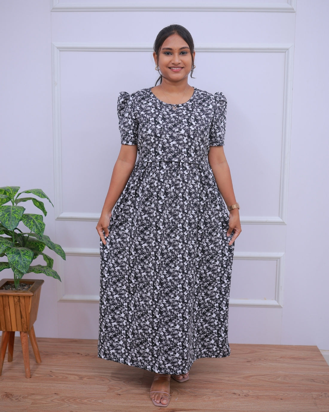 Kiara | Zipless Maternity Dress - Puff Sleeves | Full Length Maxi