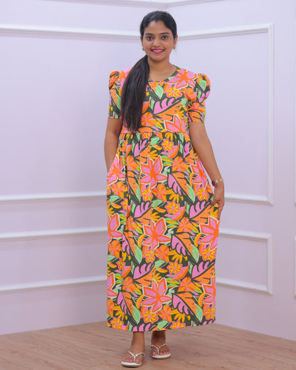 Yara | Zipless Maternity Dress - Puff Sleeves | Full Length