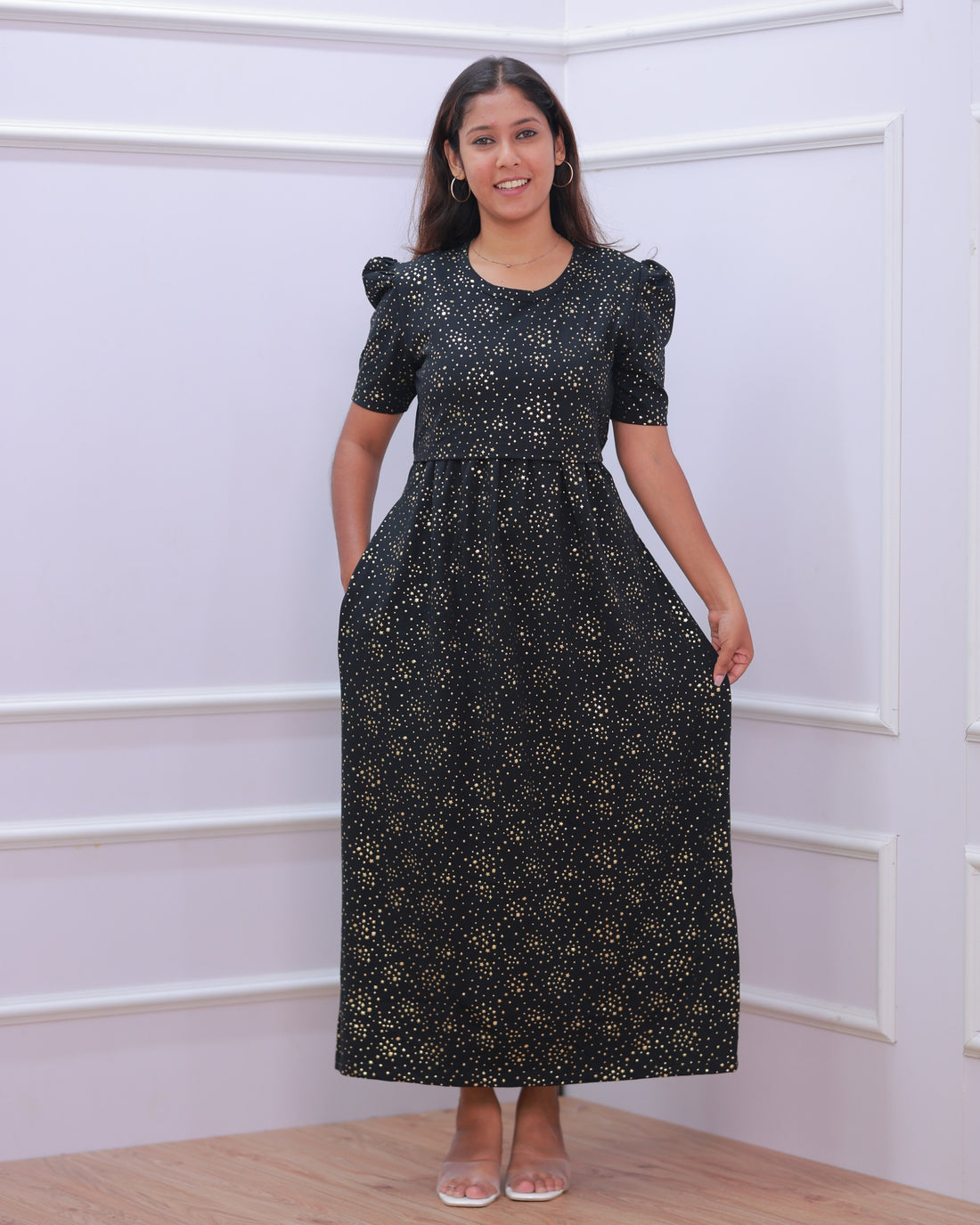 Glit Star | Zipless Maternity Dress - Puff Sleeves | Full Length