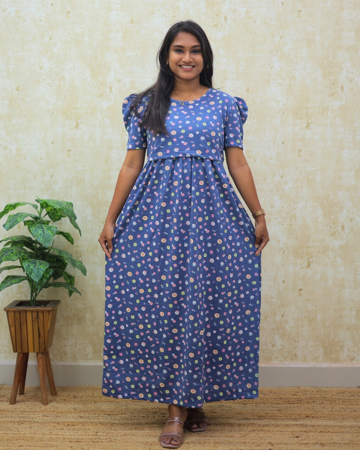 Mrinali | Zipless Maternity Dress - Puff Sleeves | Full Length Maxi