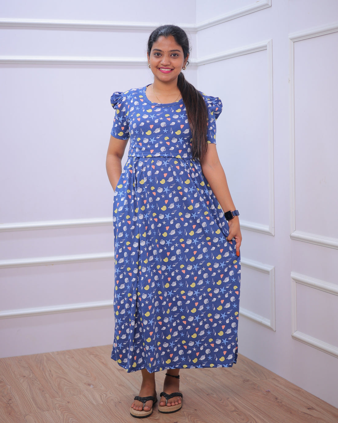Universe | Zipless Maternity Dress - Puff Sleeves | Full Length