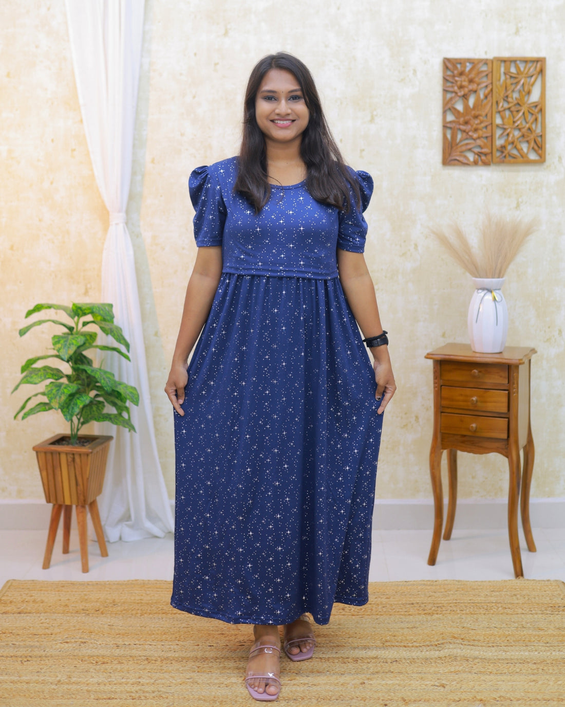 Navy Glit Star | Zipless Maternity Dress - Puff Sleeves | Full Length Maxi