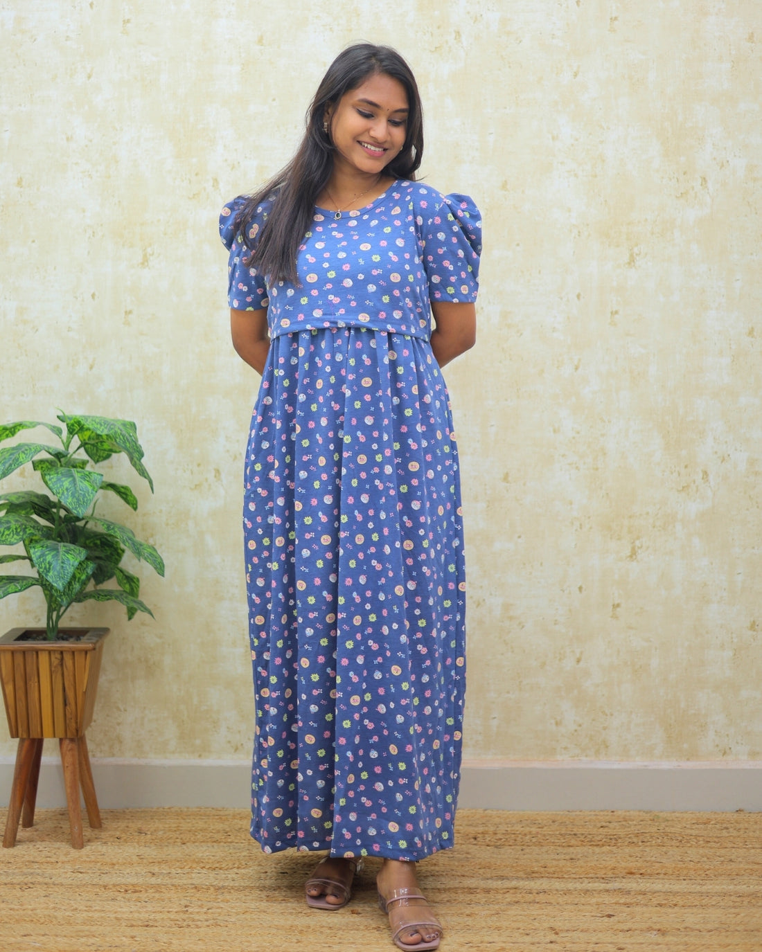 Mrinali | Zipless Maternity Dress - Puff Sleeves | Full Length Maxi