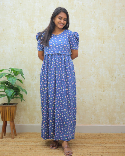 Mrinali | Zipless Maternity Dress - Puff Sleeves | Full Length Maxi