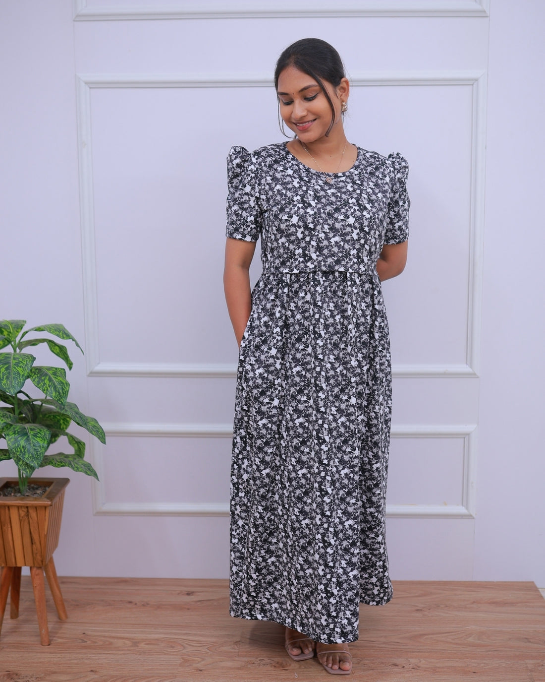 Kiara | Zipless Maternity Dress - Puff Sleeves | Full Length Maxi