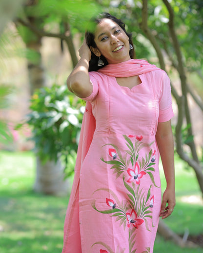Pink Floral | Maternity Kurti with Lining [TOP + PANT + DUPATTA]