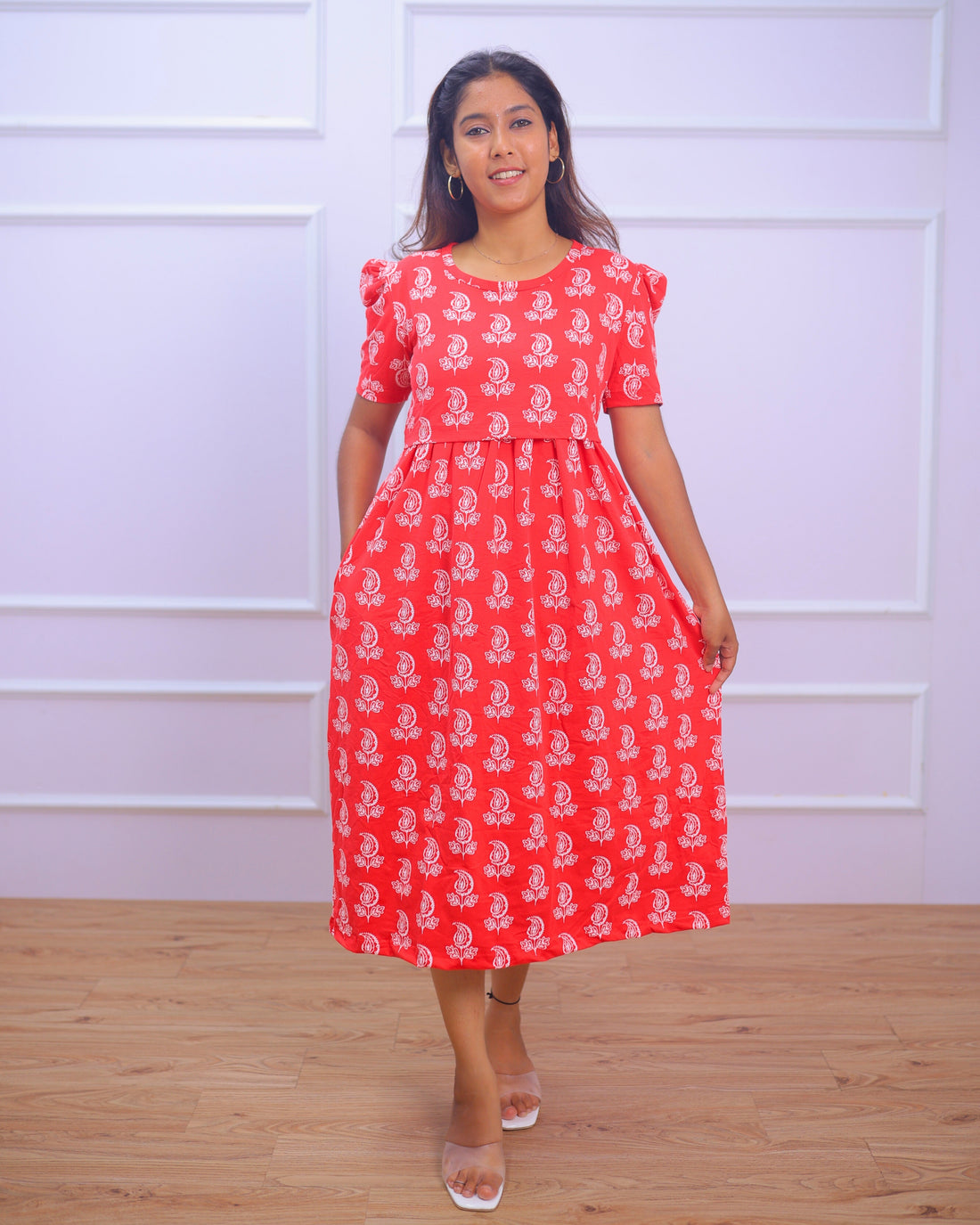 Kayla | Zipless Maternity Dress - Puff Sleeves | Calf Length
