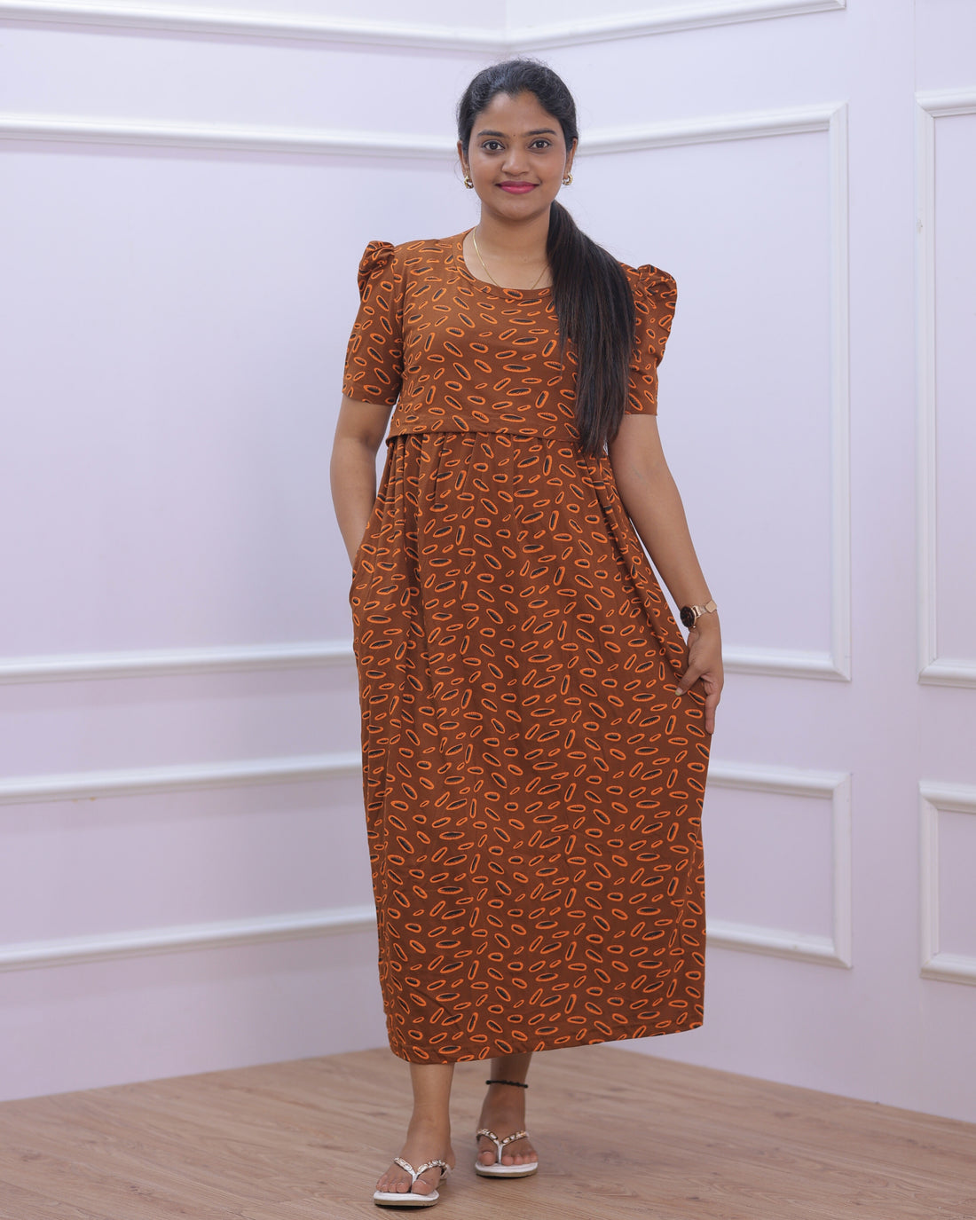 Mona | Zipless Maternity Dress - Puff Sleeves | Full Length