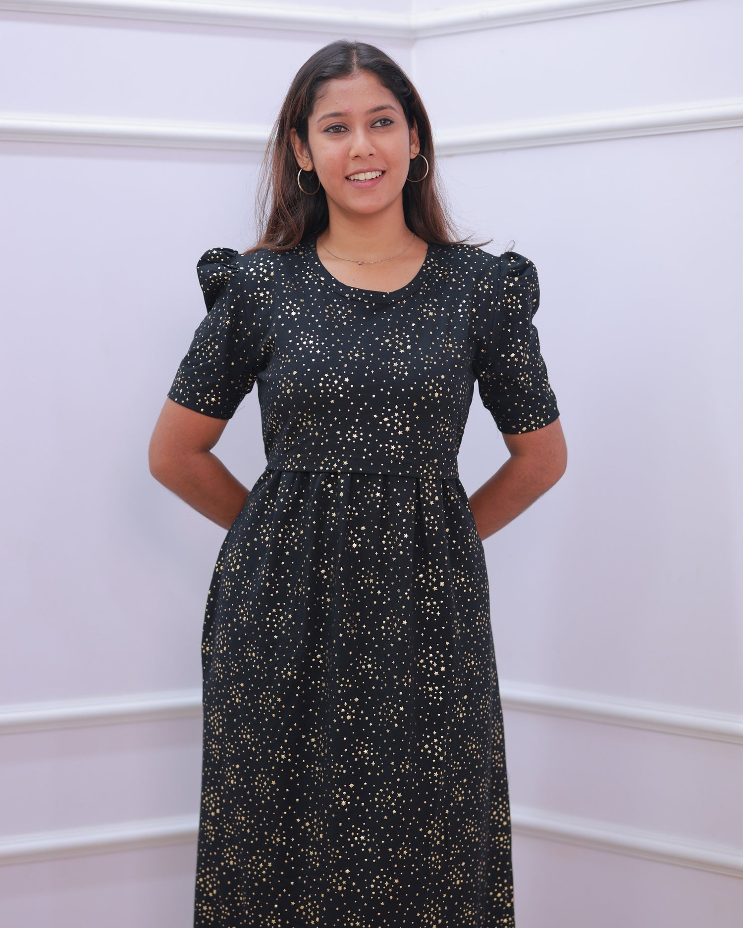 Glit Star | Zipless Maternity Dress - Puff Sleeves | Full Length