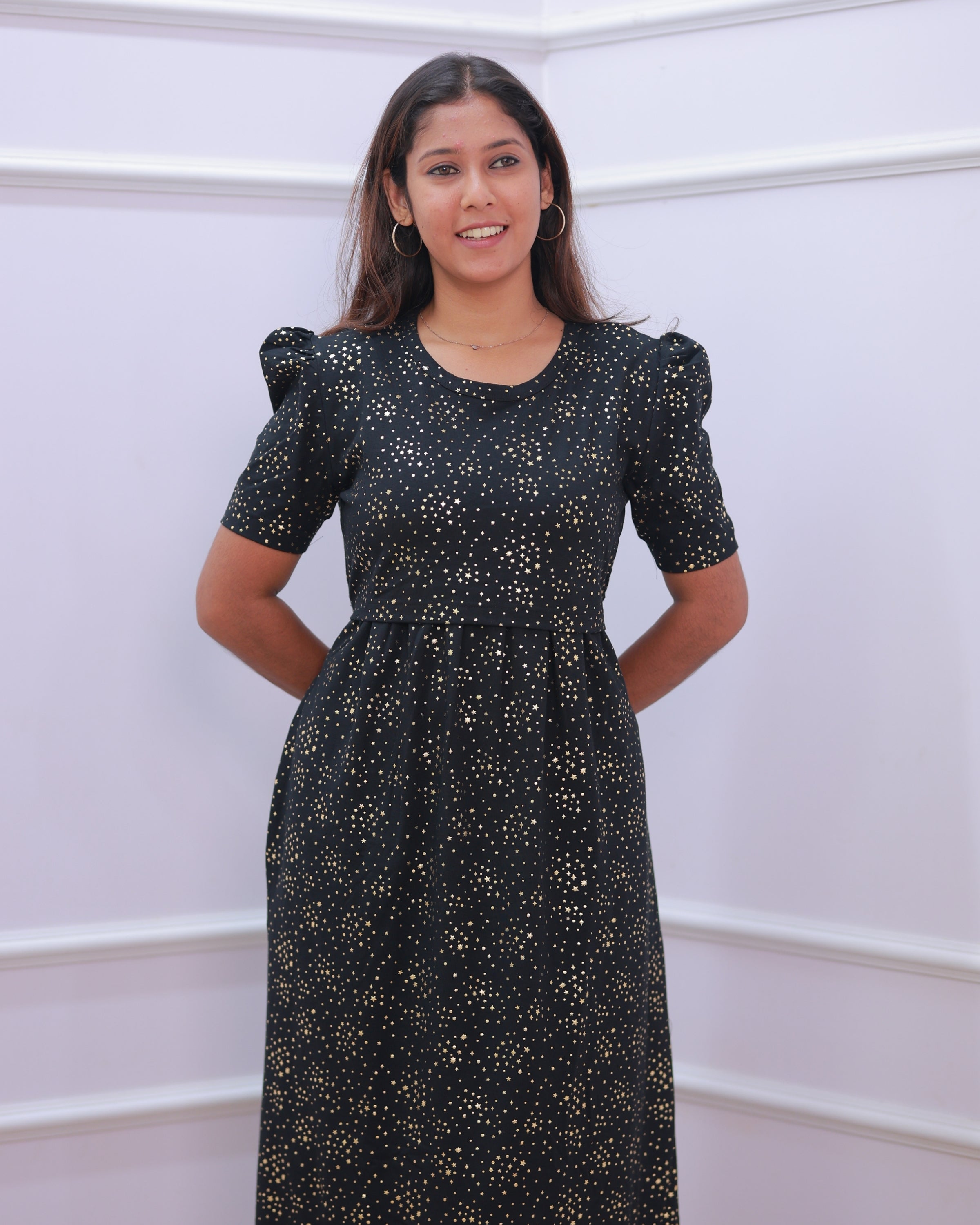 Glit Star | Zipless Maternity Dress - Puff Sleeves | Full Length