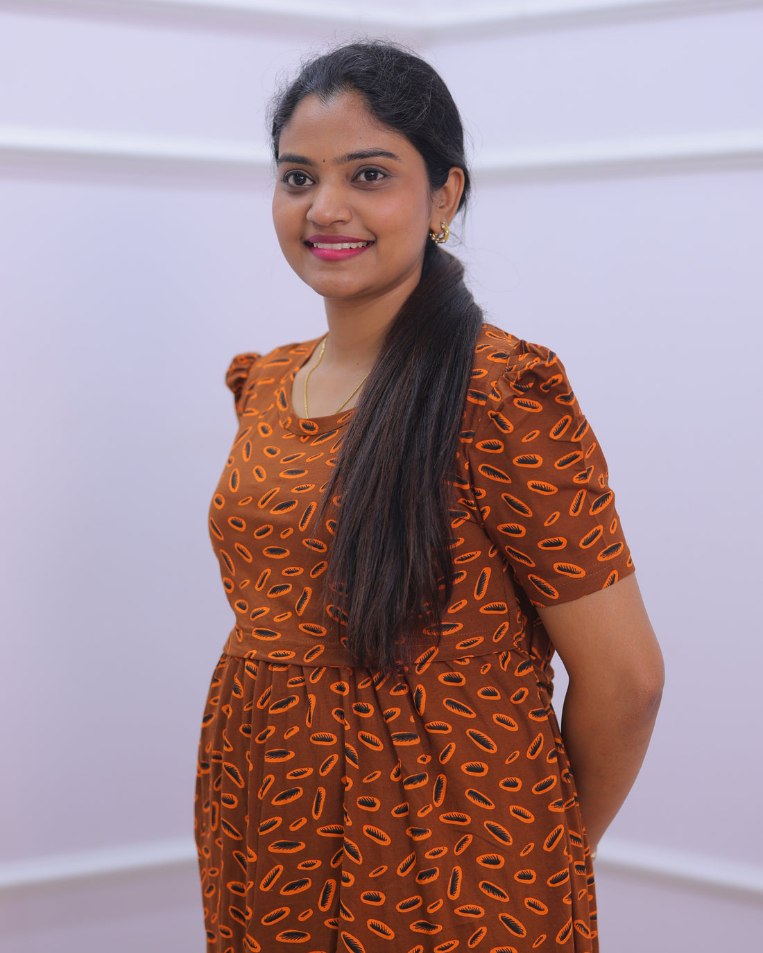 Mona | Zipless Maternity Dress - Puff Sleeves | Full Length