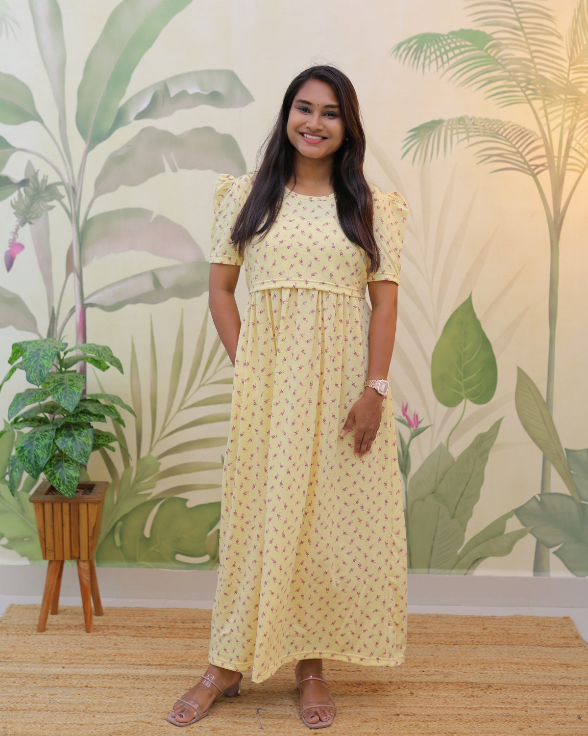 Chaya | Zipless Maternity Dress - Puff Sleeves | Full Length Maxi