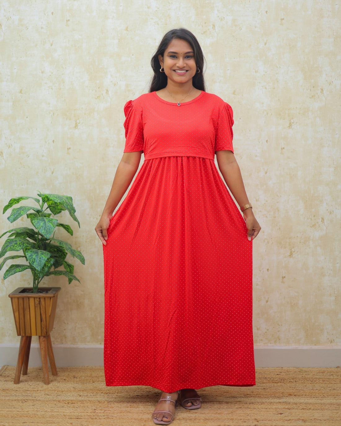 Hita | Zipless Maternity Dress - Puff Sleeves | Full Length Maxi