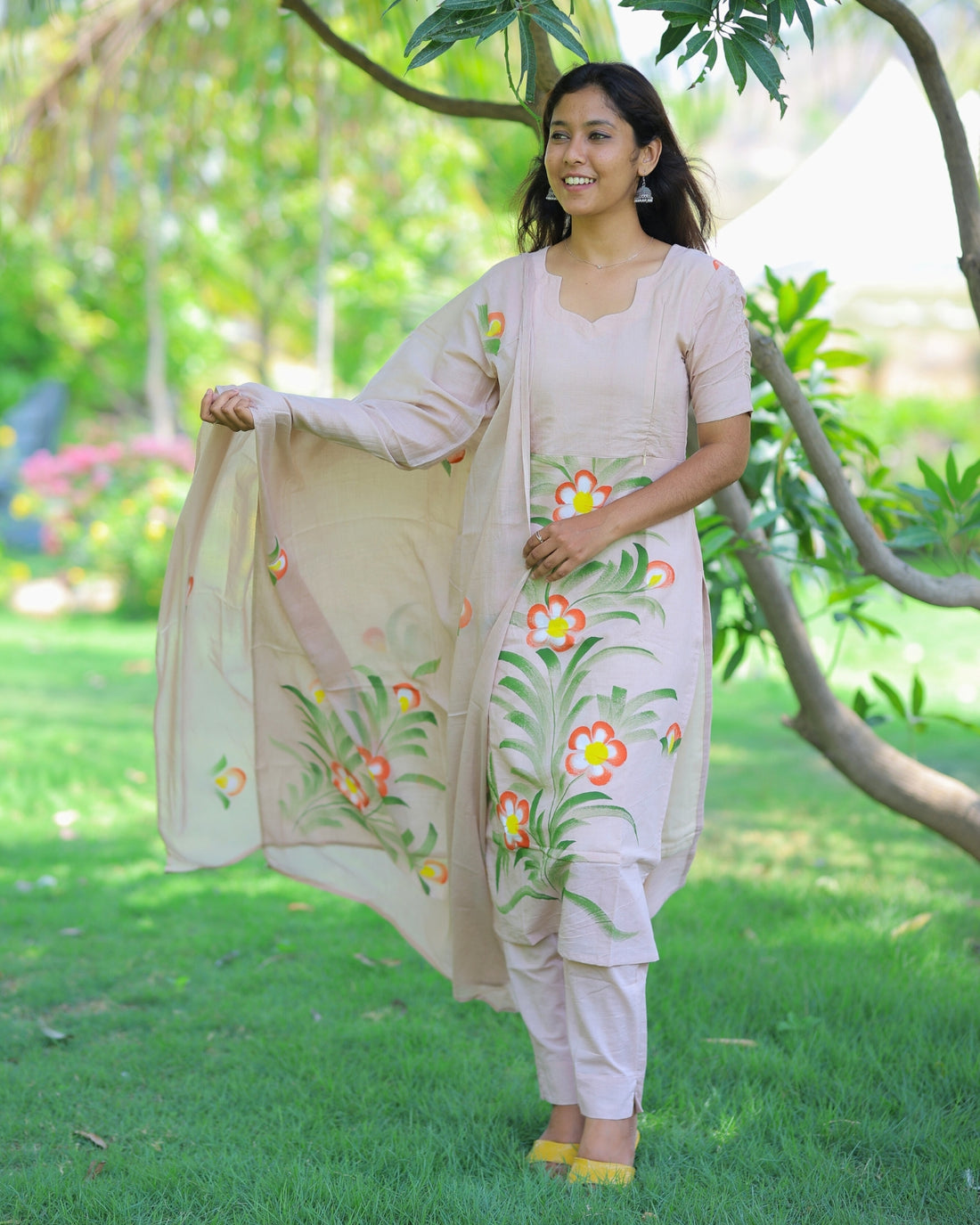 Beige Floral | Maternity Kurti with Lining [TOP + PANT + DUPATTA]