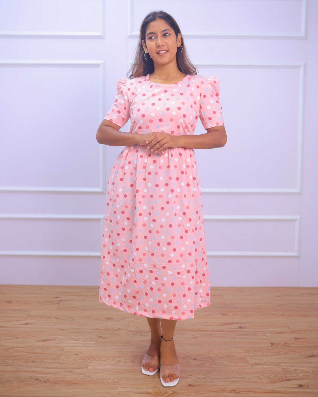 Alexis | Zipless Maternity Dress - Puff Sleeves | Calf Length