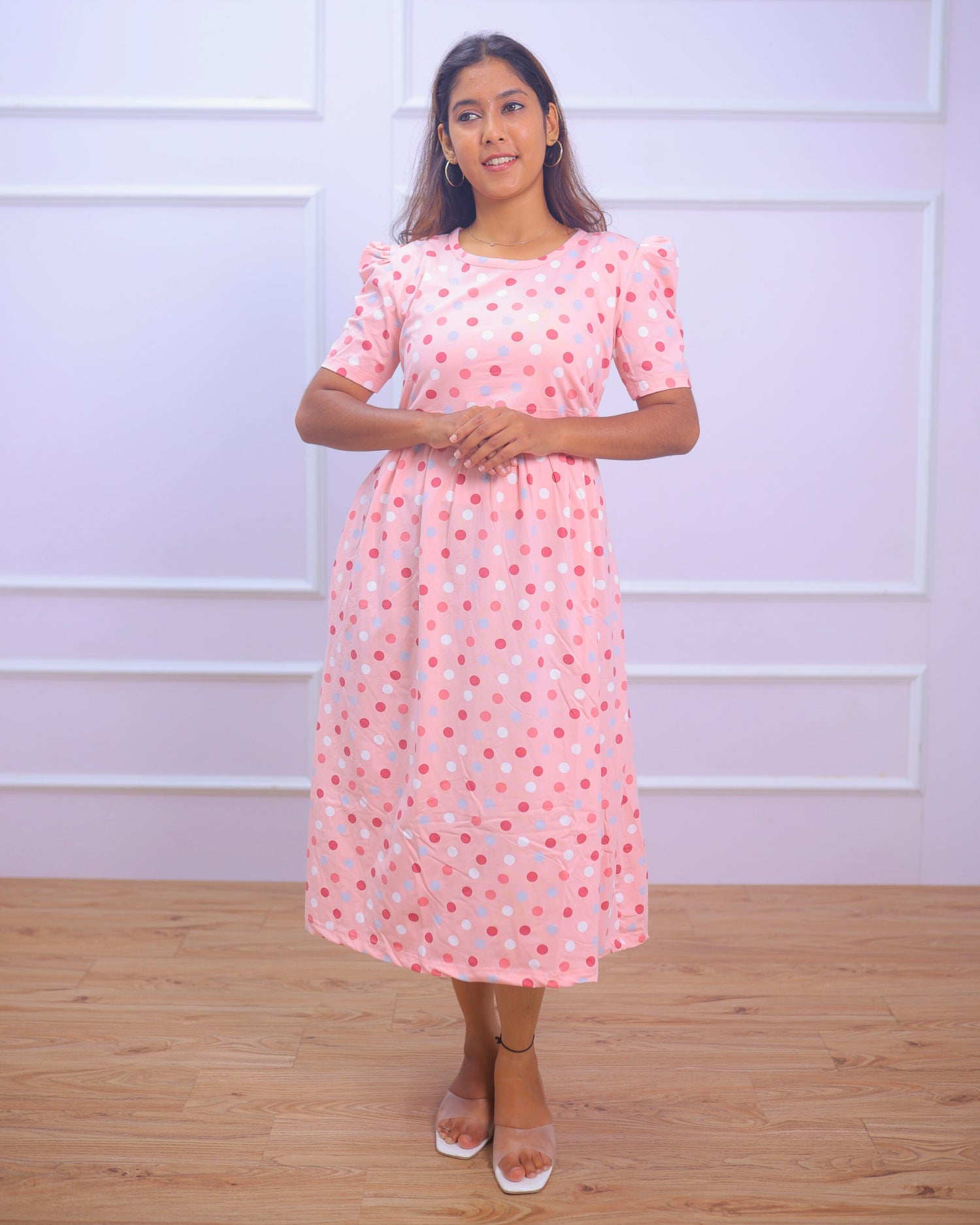 Alexis | Zipless Maternity Dress - Puff Sleeves | Calf Length