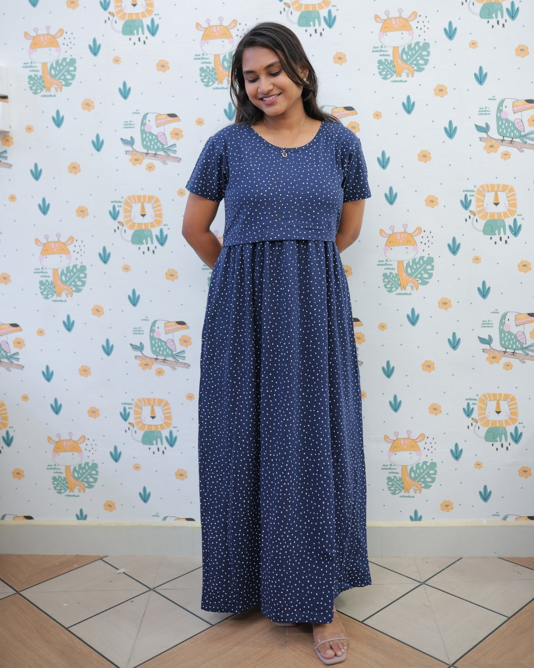 Navy Dots V2 | Zipless Maternity Dress - Normal Sleeves | Full Length Maxi