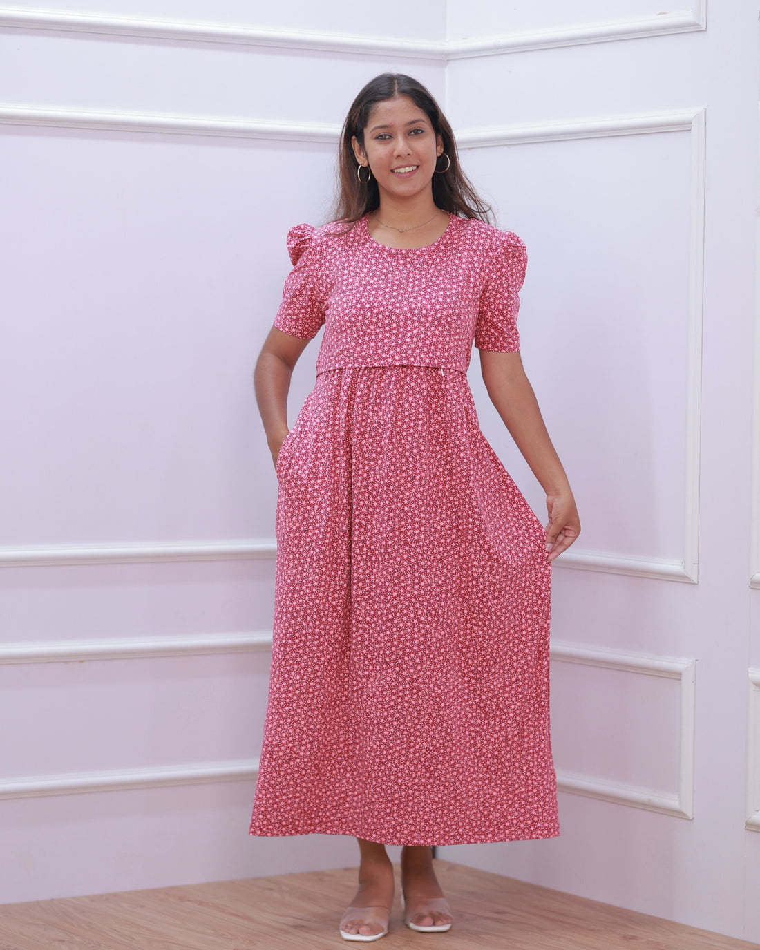 Iris V2 | Zipless Maternity Dress - Puff Sleeves | Full Length