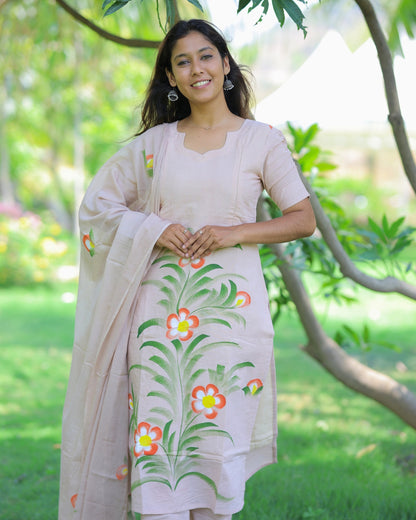Beige Floral | Maternity Kurti with Lining [TOP + PANT + DUPATTA]