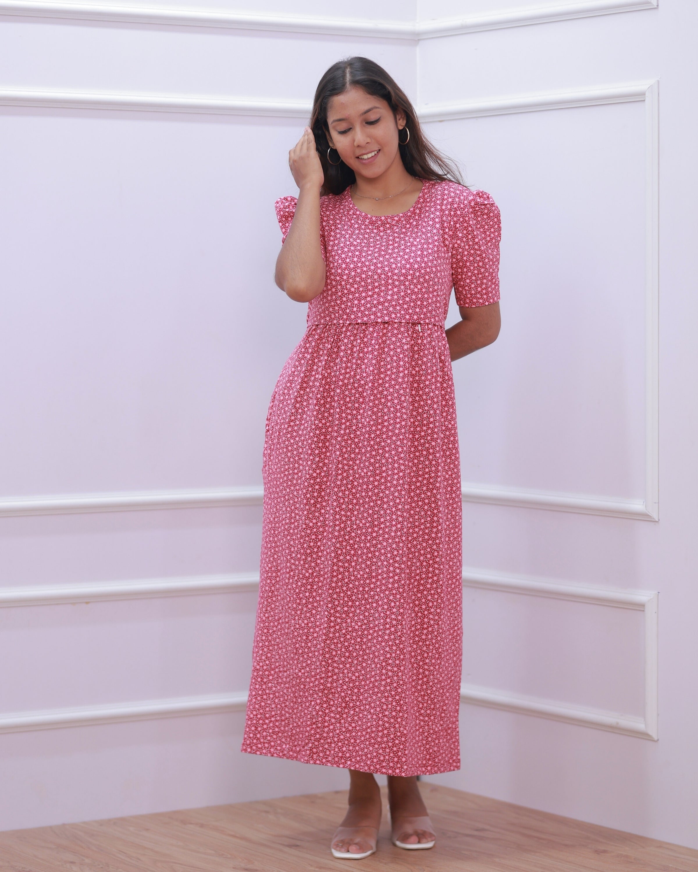 Iris V2 | Zipless Maternity Dress - Puff Sleeves | Full Length