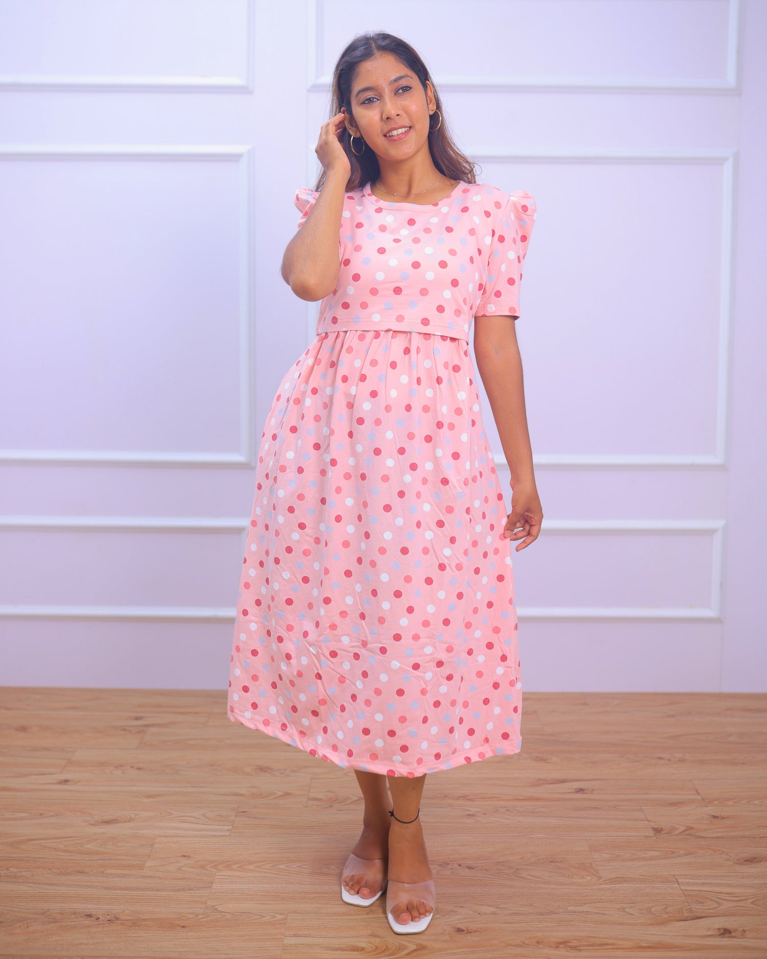 Alexis | Zipless Maternity Dress - Puff Sleeves | Calf Length