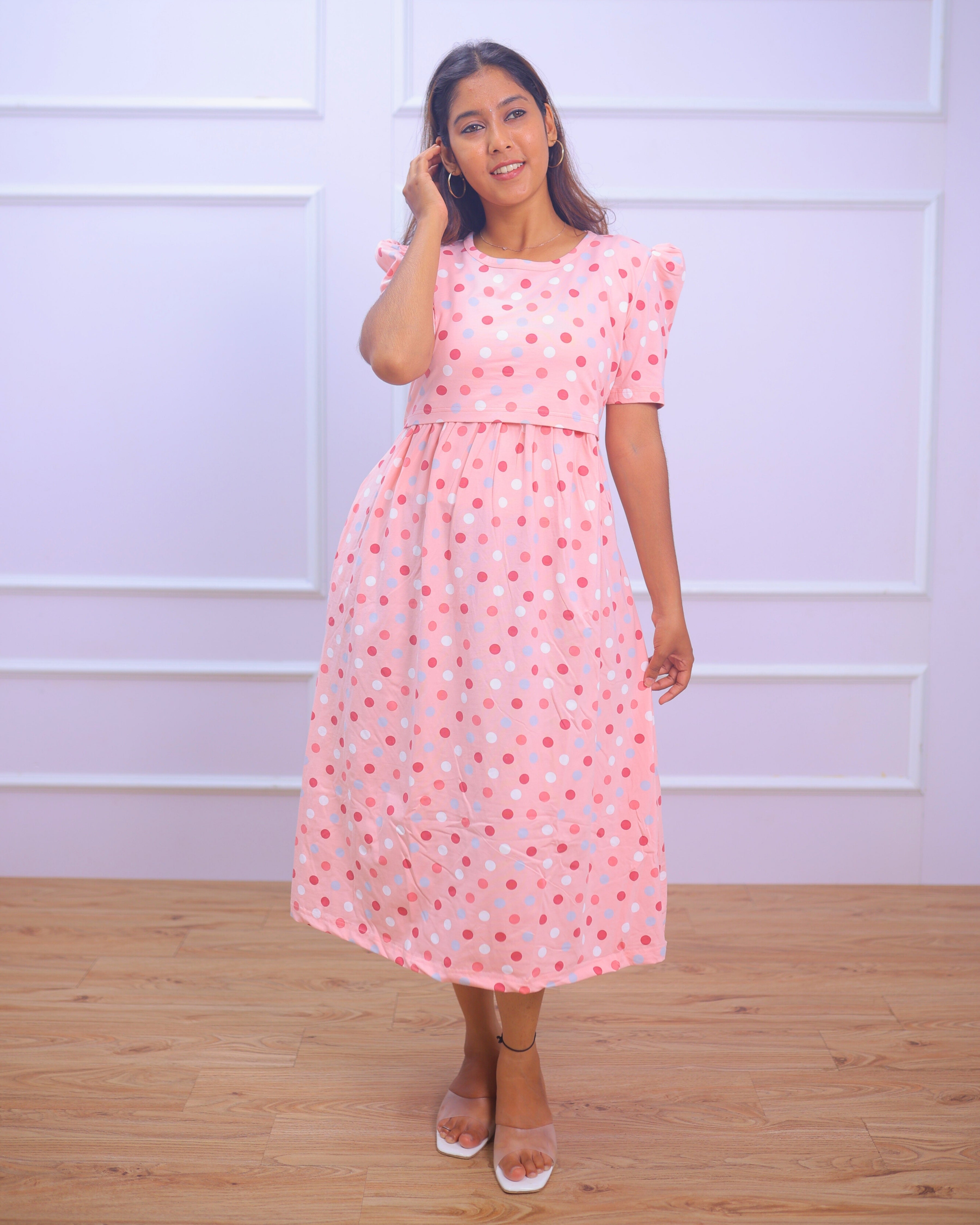 Alexis | Zipless Maternity Dress - Puff Sleeves | Calf Length