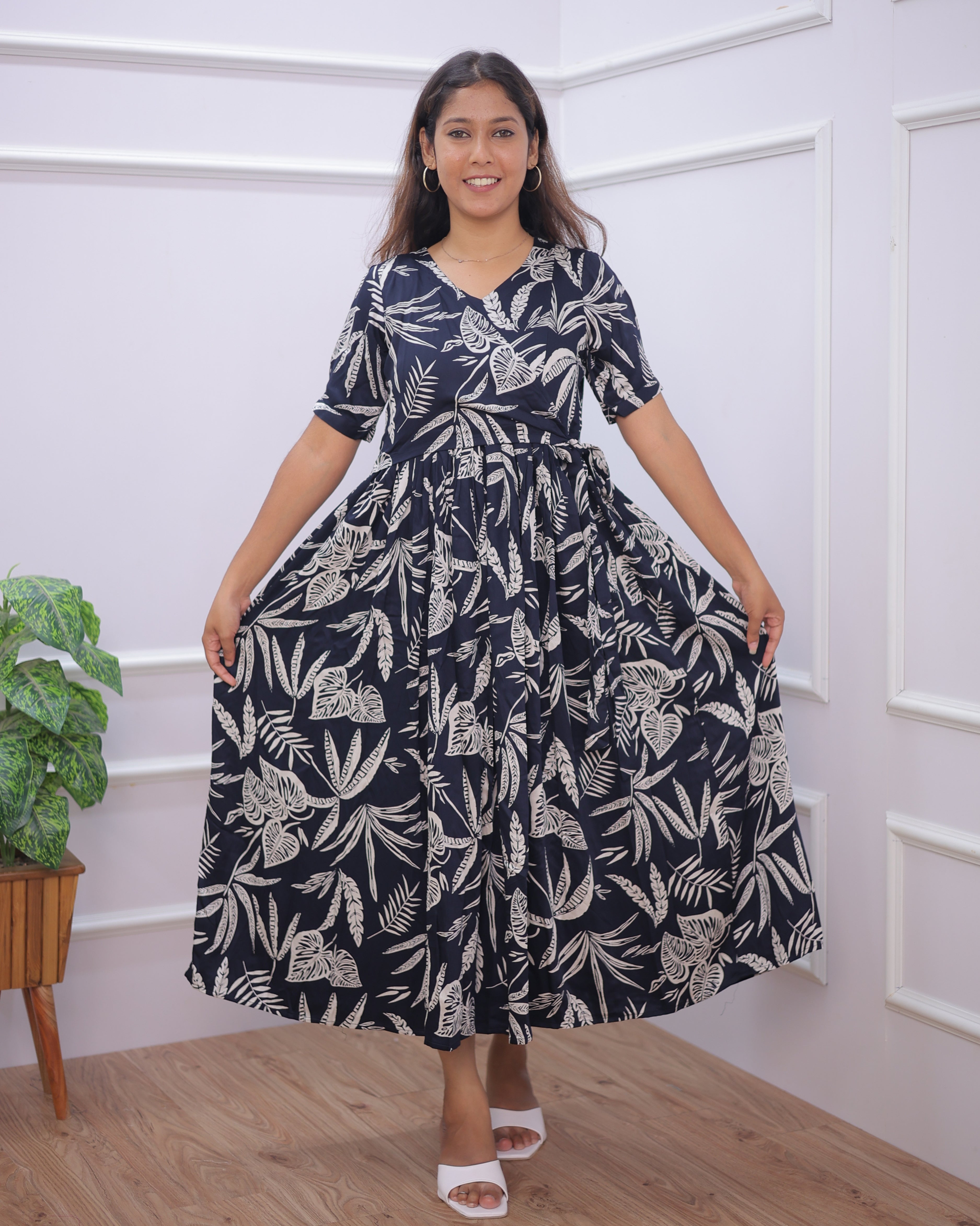 Navy Wrap | Maternity Maxi [Double Side Zips_SIDE KNOT]