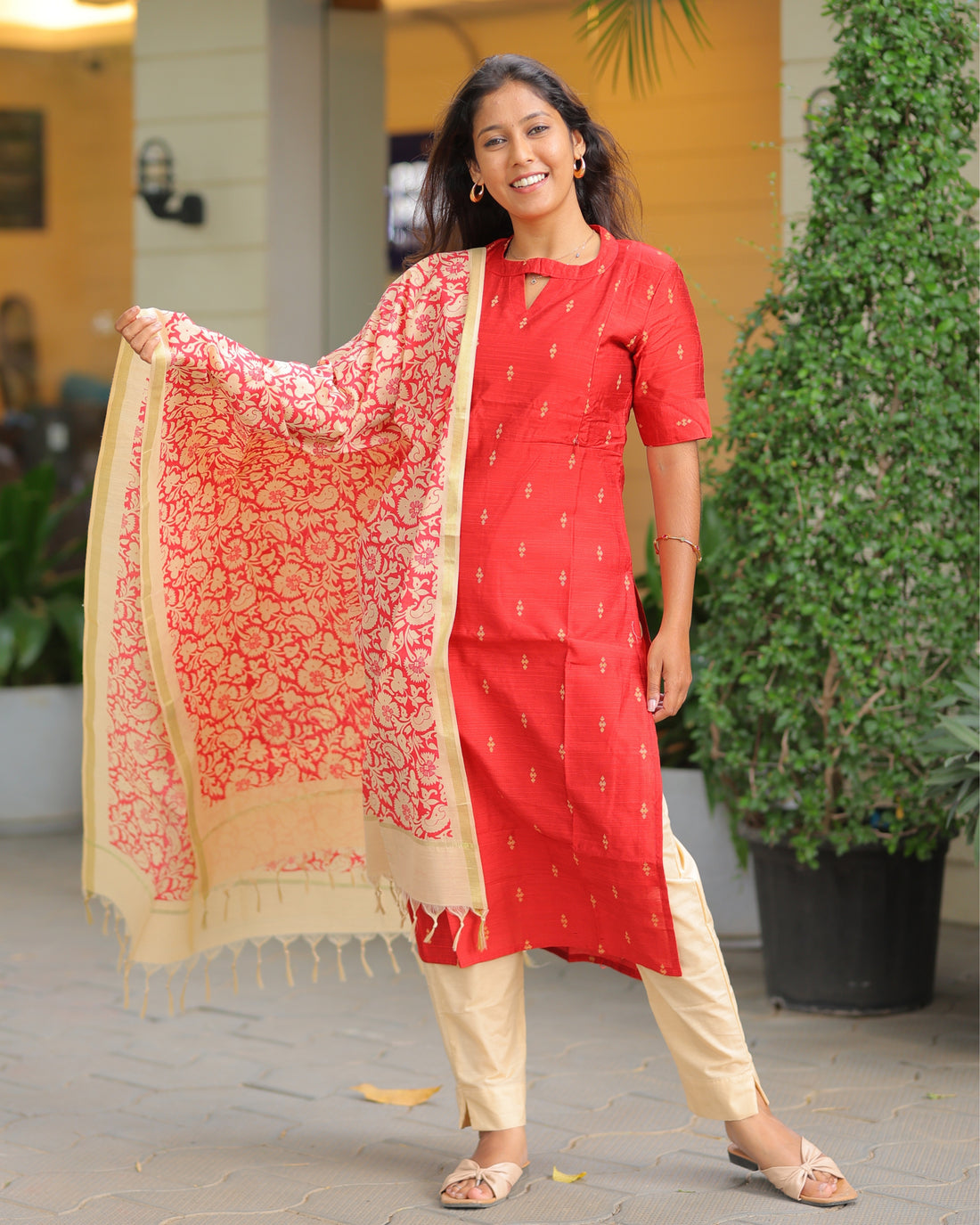 Red_Agalya | Maternity Kurti with Lining [TOP + PANT + DUPATTA]