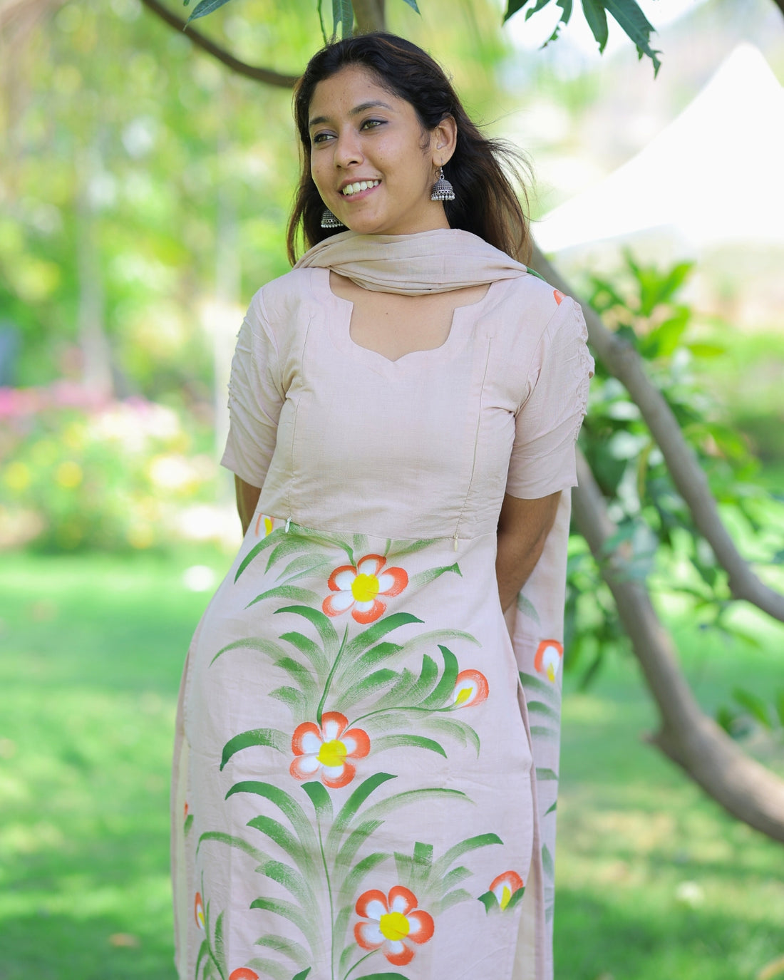 Beige Floral | Maternity Kurti with Lining [TOP + PANT + DUPATTA]
