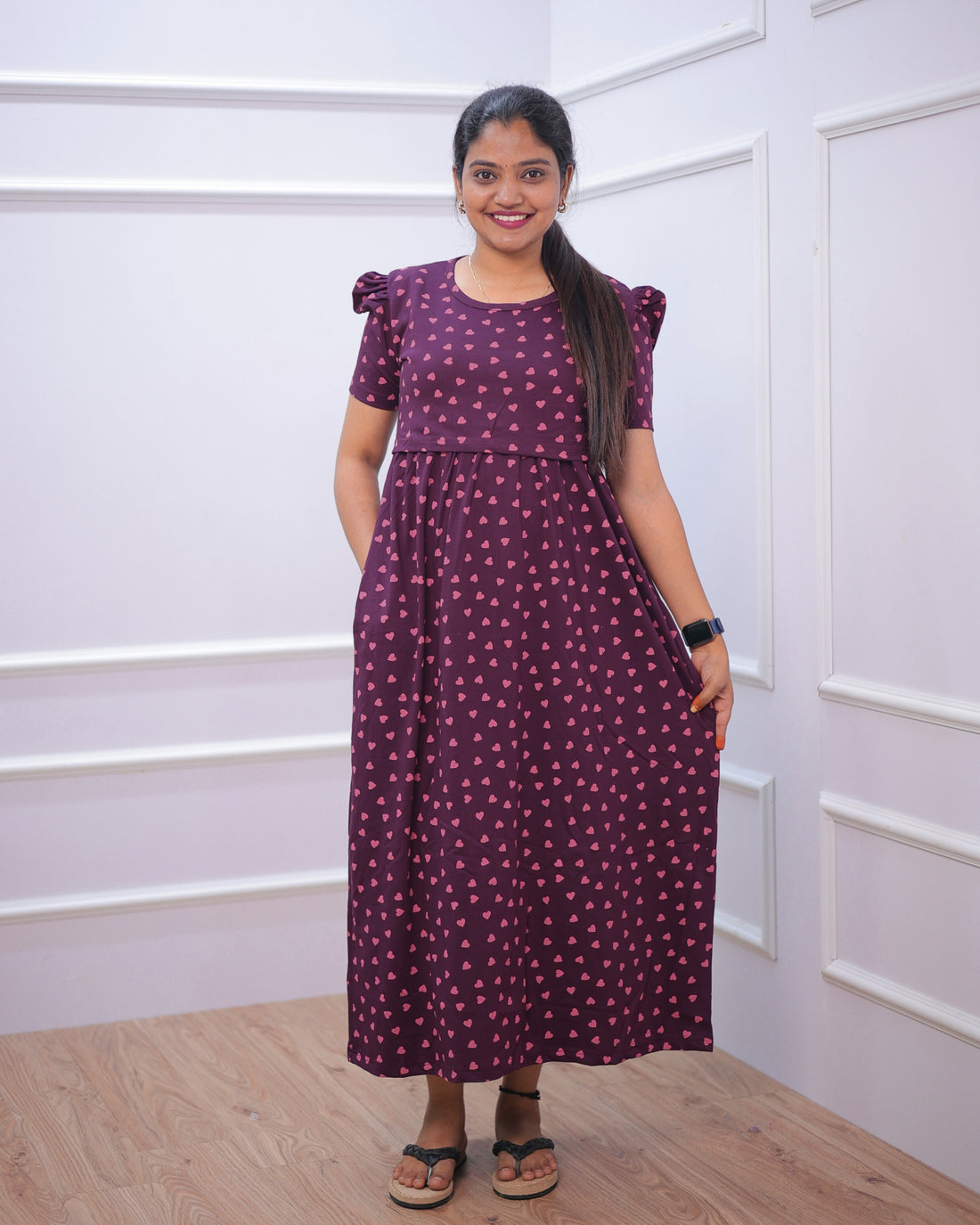 Khushi | Zipless Maternity Dress - Puff Sleeves | Full Length