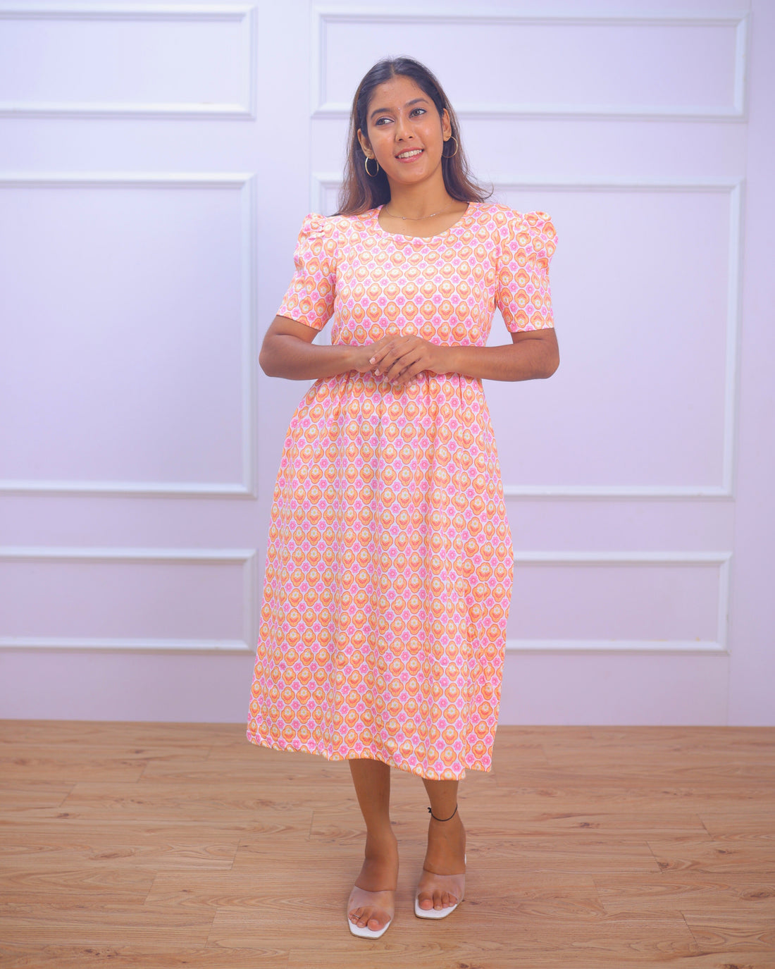 Alexis | Zipless Maternity Dress - Puff Sleeves | Calf Length