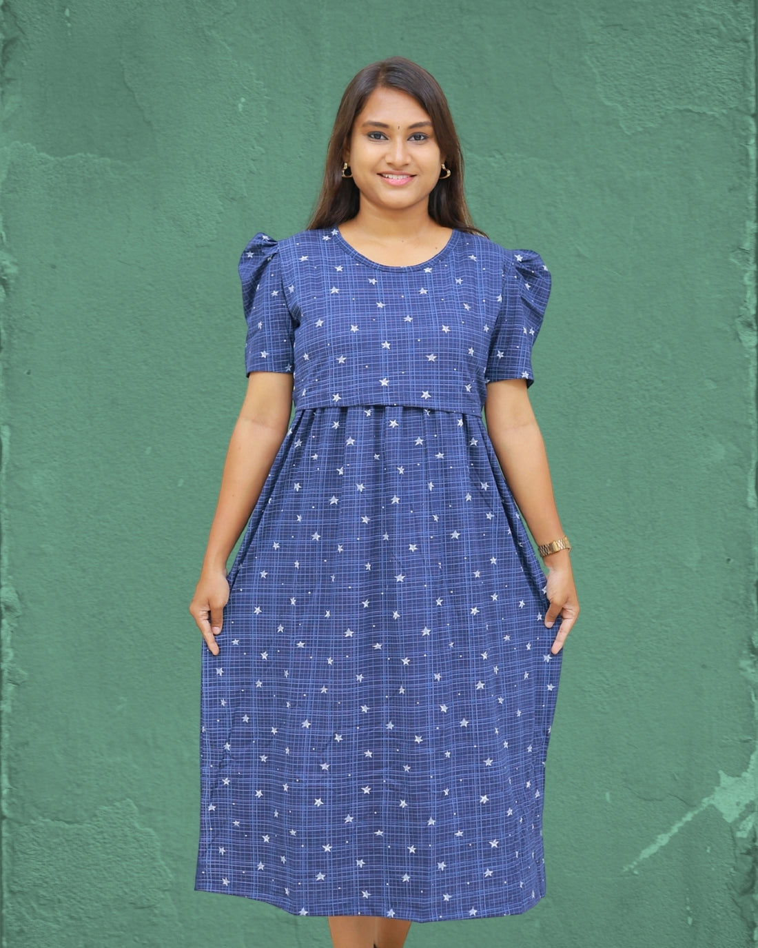 Navy Posy | Zipless Maternity Dress - Puff Sleeves | Calf Length