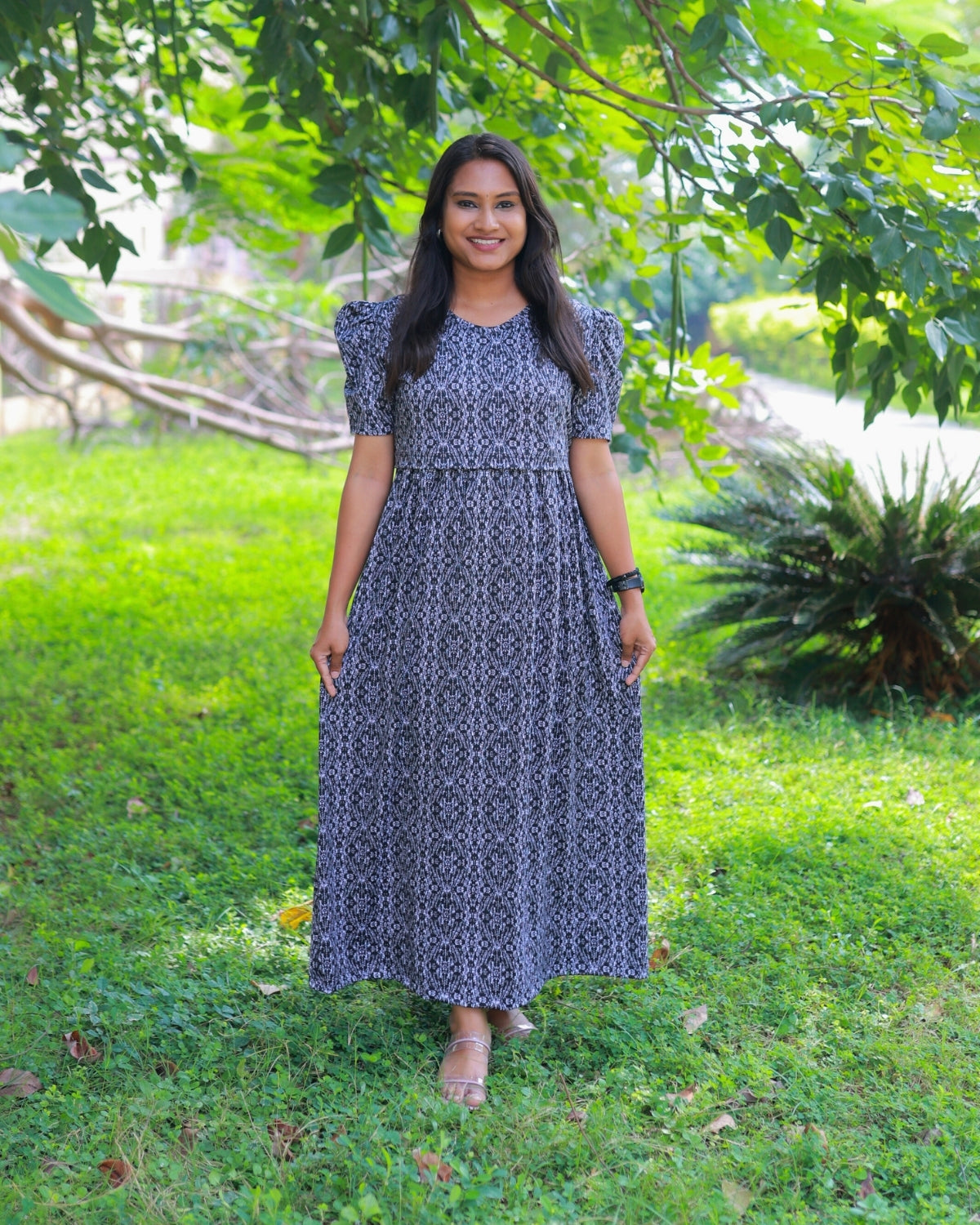 Charcoal | Zipless Maternity Dress - Puff Sleeves | Full Length Maxi