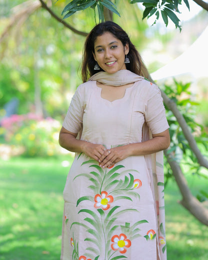 Beige Floral | Maternity Kurti with Lining [TOP + PANT + DUPATTA]