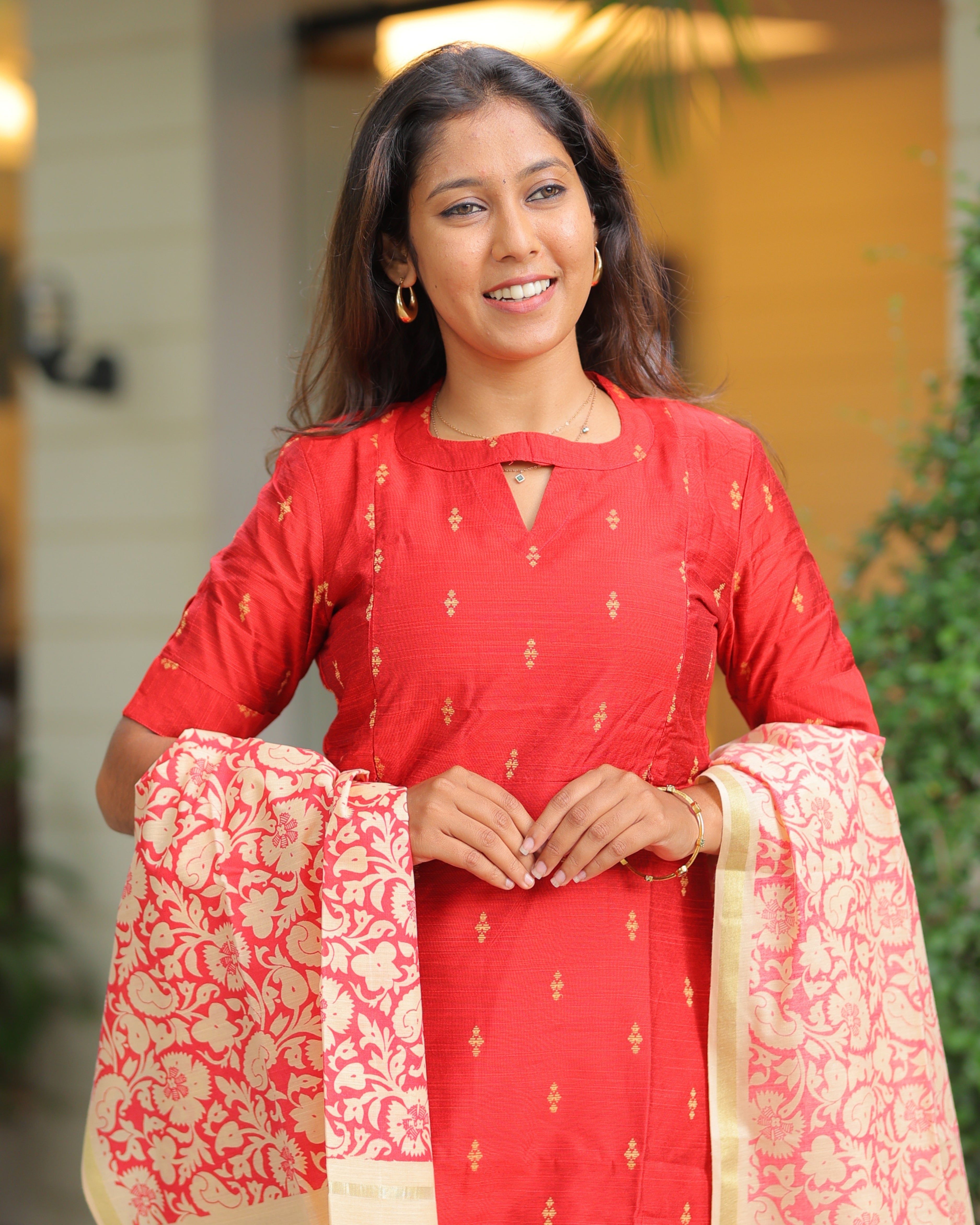 Red_Agalya | Maternity Kurti with Lining [TOP + PANT + DUPATTA]