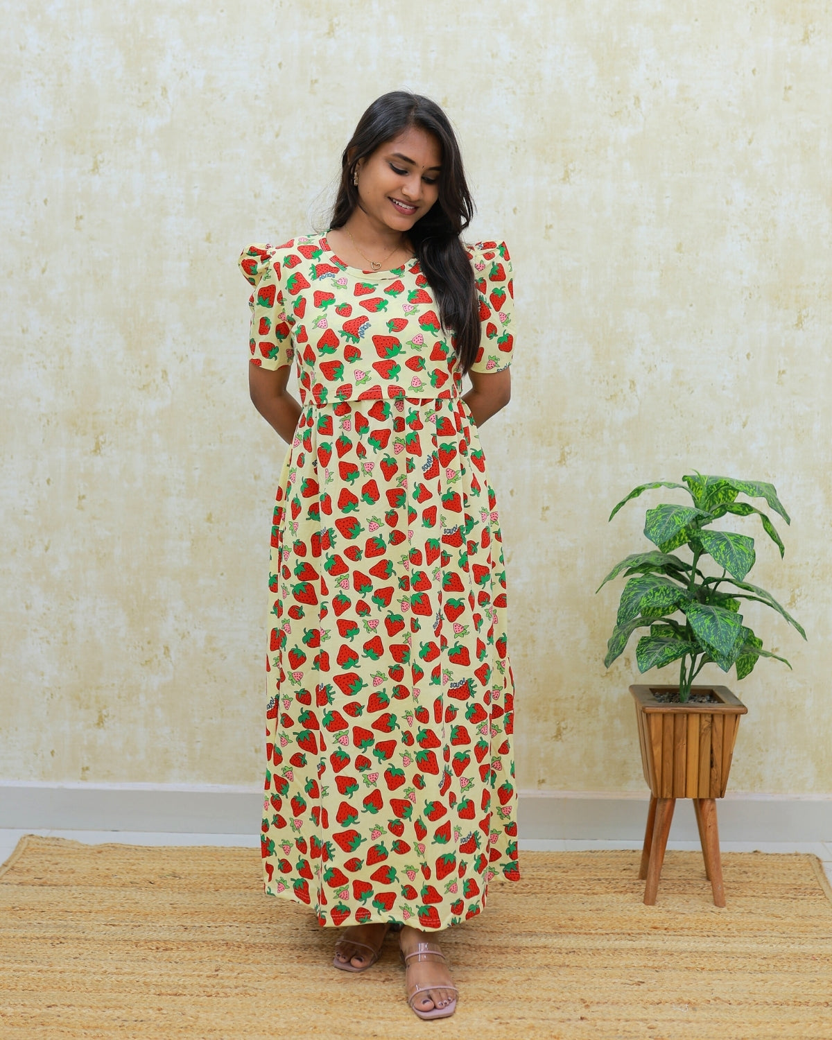 Strawberry | Zipless Maternity Dress - Puff Sleeves | Full Length Maxi