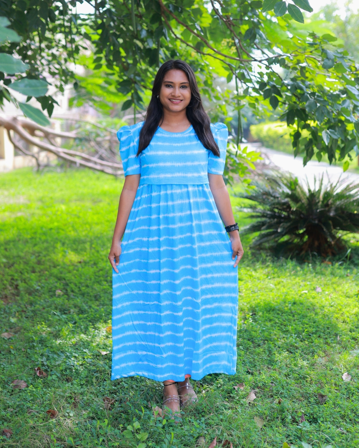 Sky-tint  | Zipless Maternity Dress - Puff Sleeves | Full Length Maxi