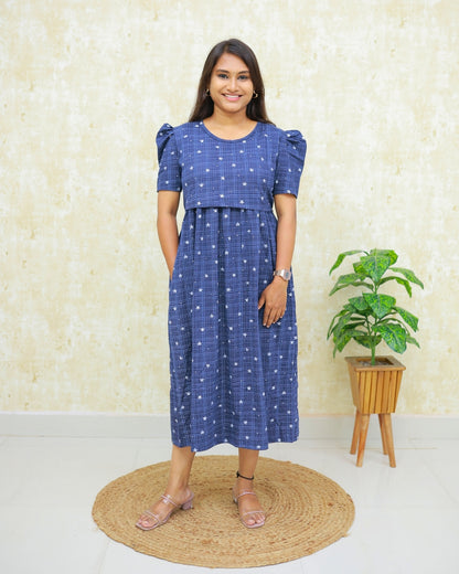 Navy Posy | Zipless Maternity Dress - Puff Sleeves | Calf Length