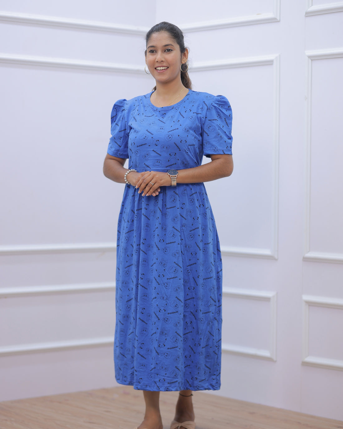 Pokeman | Zipless Maternity Dress - Puff Sleeves | Full Length