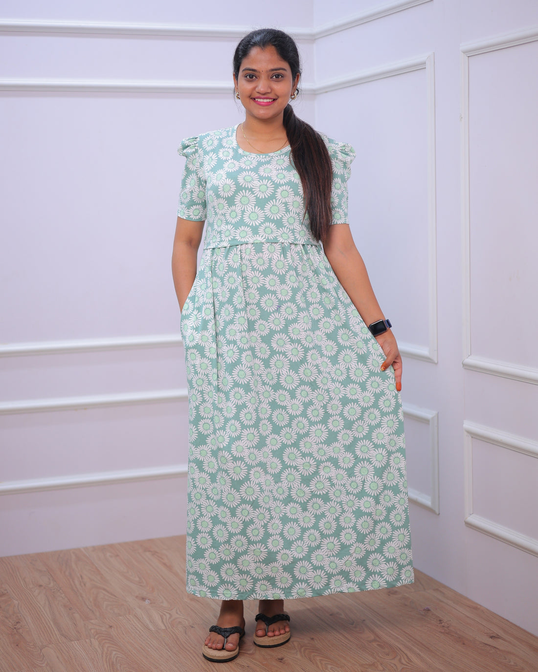 Nirvi | Zipless Maternity Dress - Puff Sleeves | Full Length