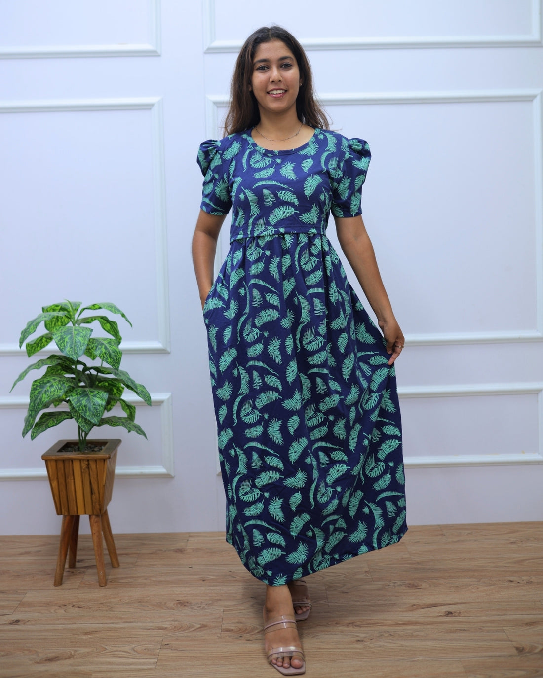 Bhavya | Zipless Maternity Dress - Puff Sleeves | Full Length Maxi