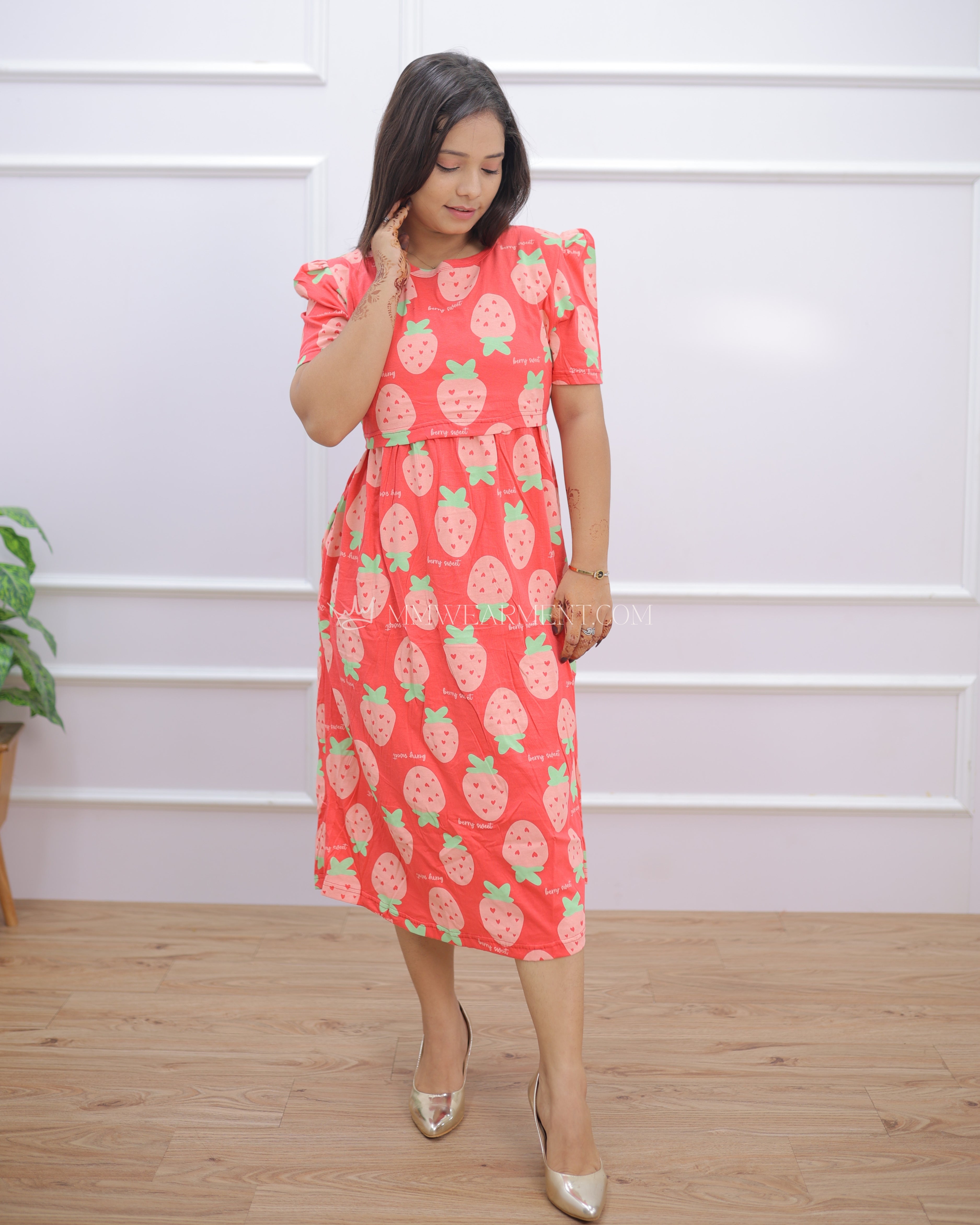 Berry Sweet | Zipless Maternity Dress - Puff Sleeves | Calf Length
